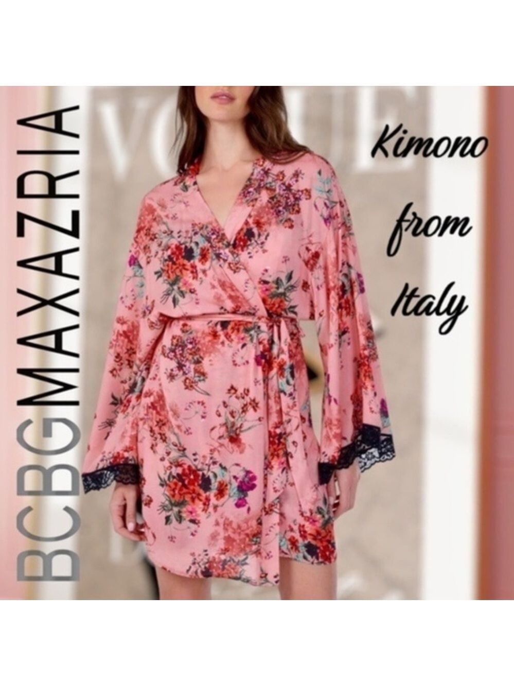 BCBGMAXAZRIA/Cosabella Allora Tie Waist Italian-Made Pink Floral Kimono NWT